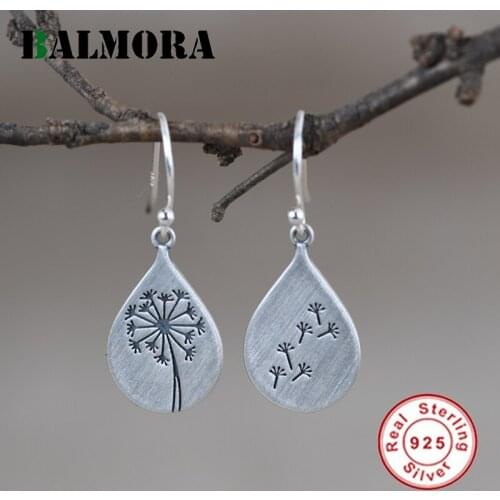 BALMORA Original 100% 925 Sterling Silver Dandelion Earring For Women Girl Drop Shape Retro Earrings Dangler Daily Jewelry Gift