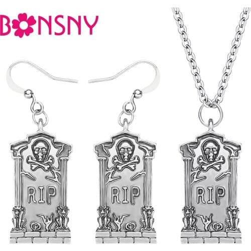 Bonsny Halloween Alloy Antique Gold Plated Gravestone Tombstone Jewelry Sets Necklace Earrings Jewelry For Women Girls Kids Gift