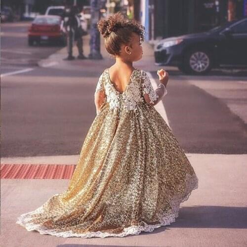 Sparkly hi lo golden sequins long sleeves flower girl dresses toddler kids baby birthday party evening gown with long train