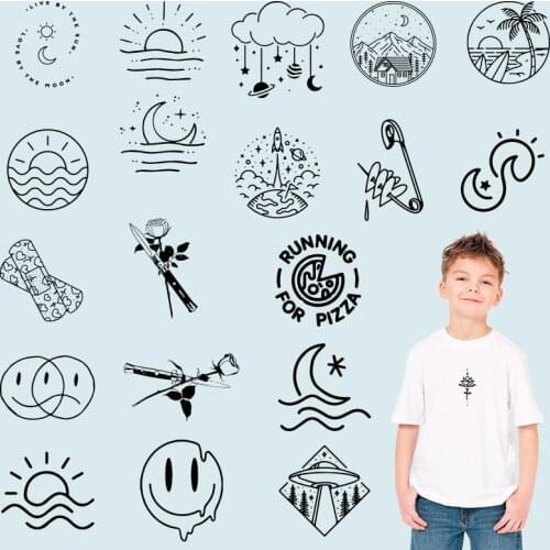 Brief strokes sun and moon Stickers on Clothes Heat Transfer PVC Patch Washable Ironing stickers Chest badges