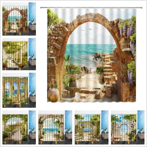 Landscape Shower Curtains European Style Flowers House Green Plants 3D Bathroom Home Decor Waterproof Polyester Cloth Curtain