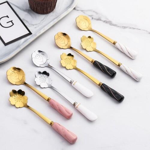 New ceramic handle flower stirring spoon coffee spoon silver gold Chinese style rose cherry dessert spoons
