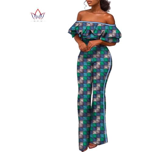 New African Design Bazin Off Shoulder Elegant Women Rompers Jumpsuit Party Rompers Jumpsuit Long Dashiki Pants Plus Size WY9147
