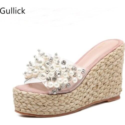 PVC Patchwork Transparent Pearl Crystal Flowers Slides For Woman Outside Beach Wear Wedges 4.5 CM Platform Braided Heels Shoe