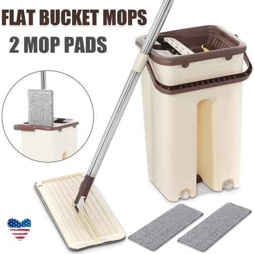 Hand Free Wringing Floor Cleaning Mop Flat Mop Bucket Microfiber Mop Pads Wet and Dry Usage Home Cleaning Squeeze Mop for Wash