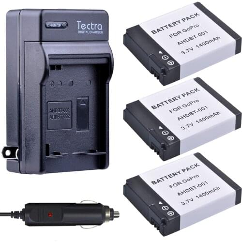 Tectra 3pcs 1400mAh Batteries + Digital Charger Kit for GoPro HD HERO2, GoPro Original HD HERO and GoPro AHDBT-001, AHDBT-002