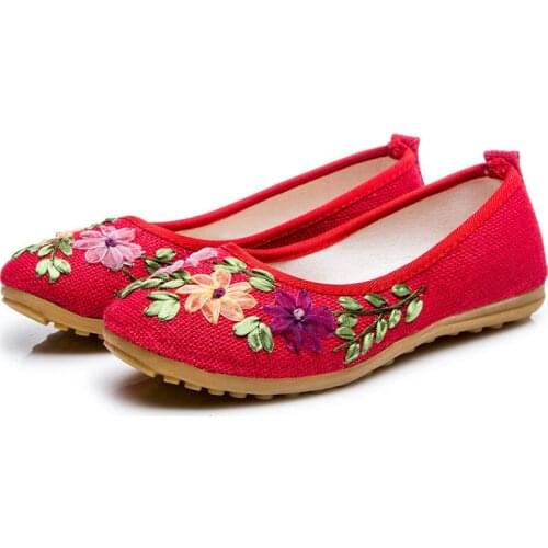 Vintage Embroidered Women Flats Flower Slip On Cotton Fabric Linen Comfortable Ballerina Flat Shoes Sapato Feminino