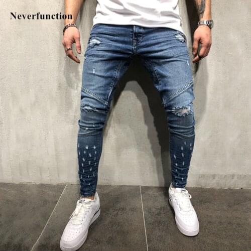 Streetwear hip hop men blue knee Ripped Skinny jeans male destroyed Stretch cotton Motorcycle Joggers denim pants Plus Size XXXL