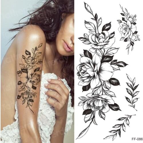 Waterproof Temporary Tattoo Sticker Rose Flower Hand Art flash fake tattoos for women girls arm tattoo sleeve black henna decal