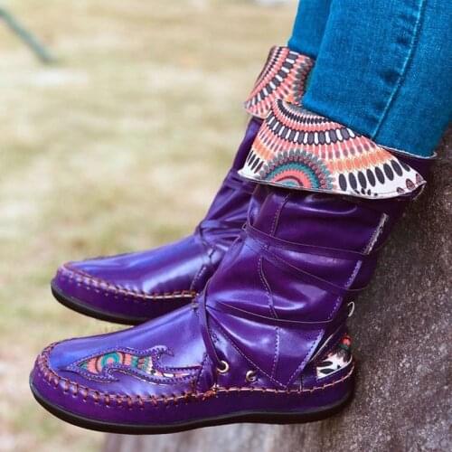 Womens Soft Boots, Sewing Flat Shoes, Ethnic Style Womens Lace-up Shoes, Womens Leather Comfortable Shoes, Thick Soles 35-43