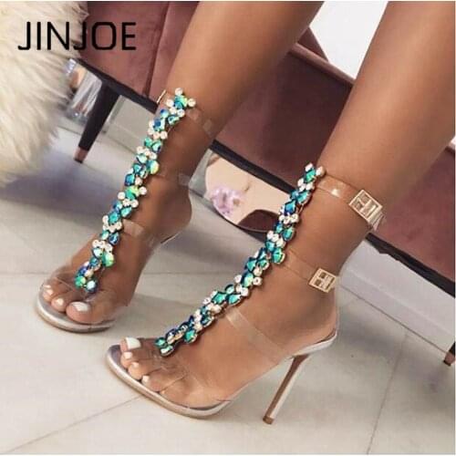 JINJOE New summer style shoes Woman heel 12cm Open toe Hasp chain Transparent PVC High-heeled shoes Sandals Plus size 35- 42