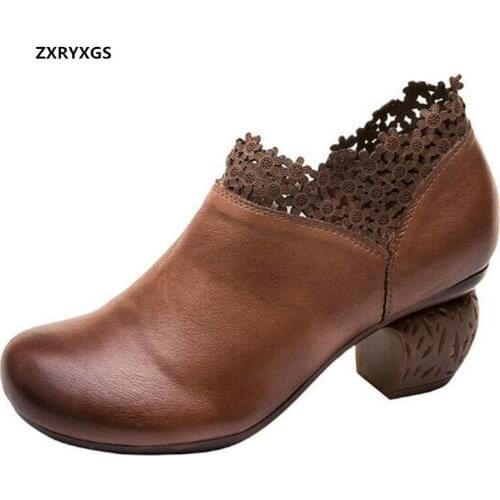 2020 autumn retro 100% natural full genuine leather shoes woman shoes high heeled shoes soft sole non-slip comfortable shoes