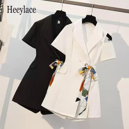 Plus size office ladies elegant dress suits Summer off the shoulder notched v neck lace up dress and shorts two pieces sets 2021