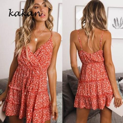Kakan summer hot sexy women floral dress sleeveless strap dress deep V-neck tunic dress