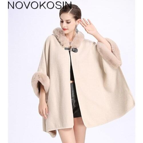 2021 Winter Warm Plus Size Two Used Poncho Faux Cashmere Big Pendulum Button Cloak Women Rabbit Fur Cardigan Long Coat With Hat