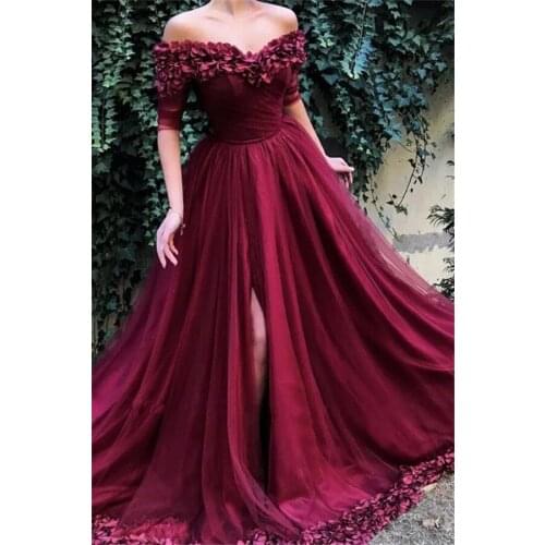Burgundy 3D Flower Evening Dresses Long 2020 Slit Boat Neck Half Sleeve Flower Hemline Party Gown Elegant Formal Dress For Women