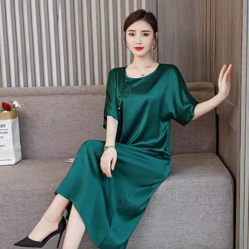 2021 New Summer Elegant Temperament Silk Middle Aged Mother Red Dress New Short Sleeve Round Collar Designs Office Lady Dresses