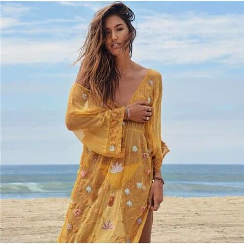 OrGypsy Summer Floral Embroidery Dress Women Seaside Deep V-neck Cotton Long Sleeve Casual Loose White Long Dresses Vestidos New