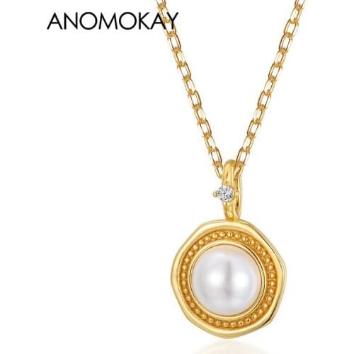 Anomokay Elegant Geometric Rhombus Natrue Pearl Gold Color Necklace for Women Mom Gift 100% Sterling 925 Silver Necklace Jewelry