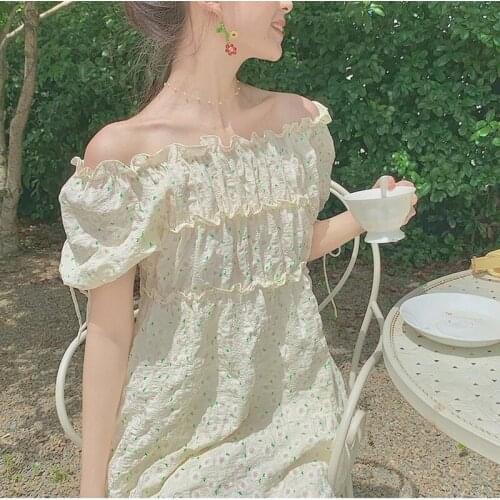 Bella 2021 New Summer Kawaii Floral Dress Women Elegant Wrinkle Boho Daisy Midi Dress High-waisted Short Sleeve Sweet Cute Dress