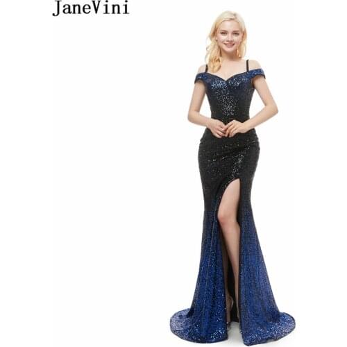 JaneVini Bling Sequined Black Mermaid Prom Dresses Sexy High Split Open Back Long Gala Party Dress Gradient Blue Formal Gowns