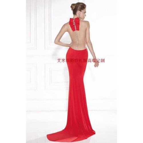 Free Shipping Cheap highneck crystal bow vestido de festa 2016 new fashion sexy backless party Formal red long evening Dress