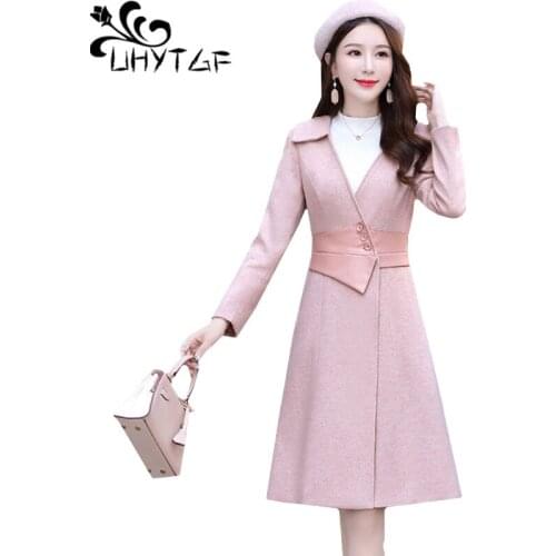 UHYTGF Winter coat women PU leather splice wool coat Fashion V-neck slim temperament female autumn Woolen jacket mantel damen946