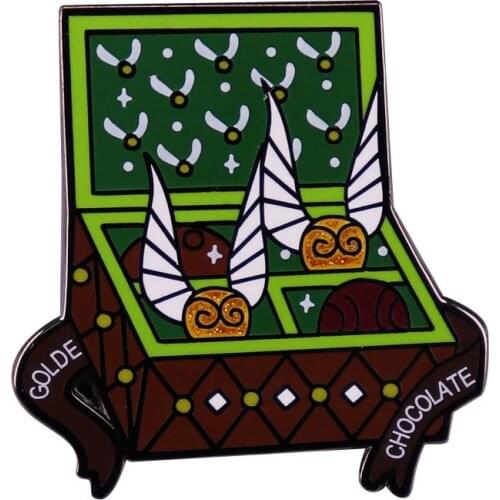 Golden chocolate box Cartoon Glitter Metal Enamel Lapel Clothes Coats Bag Badge Brooch Pin Accessories