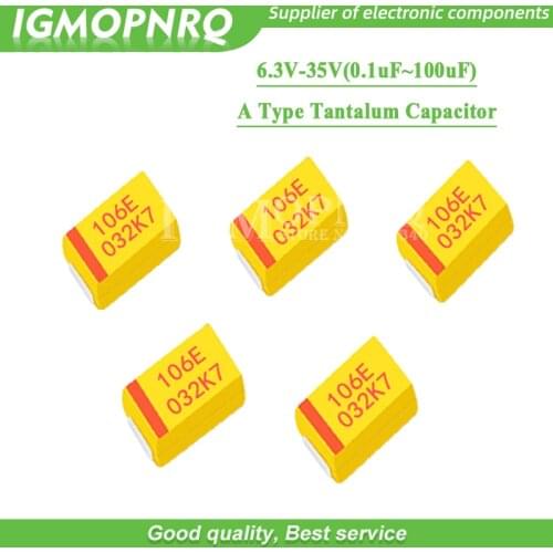 10pcs A Type Tantalum Capacitor 100UF 0.22UF 1UF 4.7UF 10UF 22UF 47UF 6.3V 16V 25V 35V 106 476 105 226 Tantalum capacitance