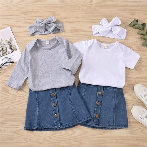 2020 Autumn Baby Girls Clothes Sets 3pcs Solid Long/Short Sleeve Romper Tops Denim A-Line Skirts Headband Outfit