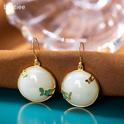 Bastiee Silver 925 Jewelry 925 Sterling Silver Earrings Dangle Earrings Vintage Inlaid Jade Korean Earrings Silver