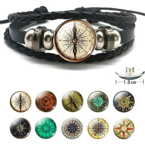 Compass Bracelet Compass Picture Black Braided Leather Bracelet Men Women Punk Charm Bracelet Gifts
