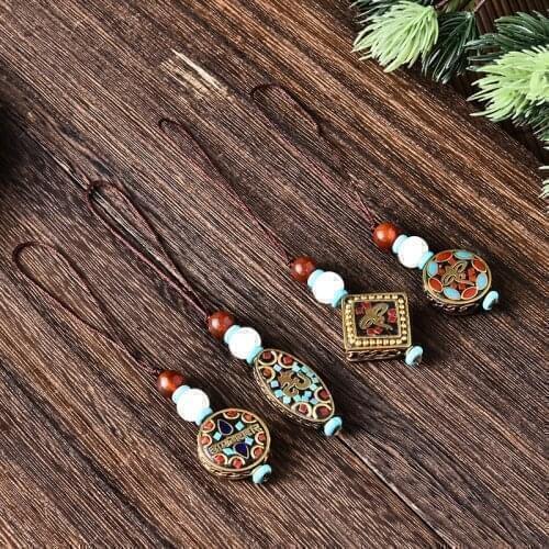 Nepal handmade bead mobile phone chain, clay brass inlaid bead pendant diy ethnic style keychain pendant
