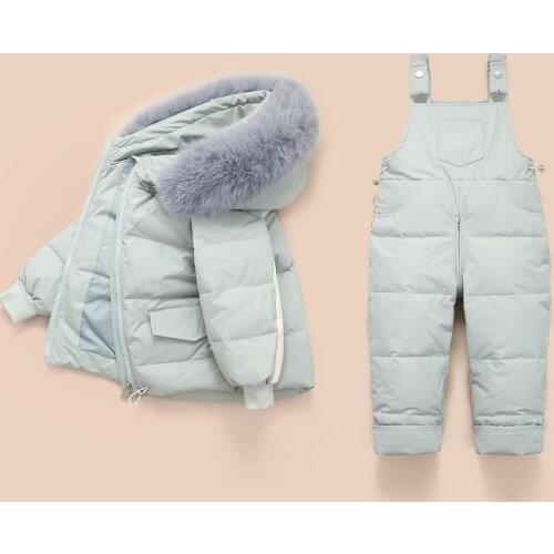 Kids Baby Snowsuit 2pcs Sets Large Fur Collar Down Jackets+Warm Jumpsuit 2021 New Winter Toddler Boys Girls Skiing Suits