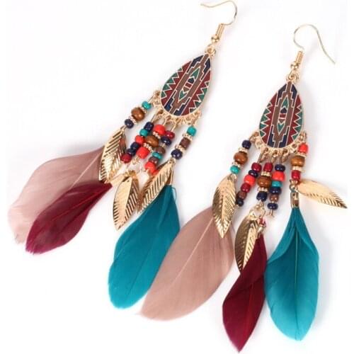 Long Tassel Dangle Earrings For Women Ethnic Beads Leaf Feather Earrings Brincos Bijoux Wedding Earrings Bride Jewelry