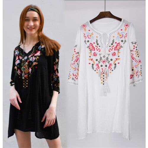 Hot Sale Retro Ethnic New Summer Vintage Elegant Floral Embroidered O-Neck Batwing Loose Causel Vintage Boho Dress