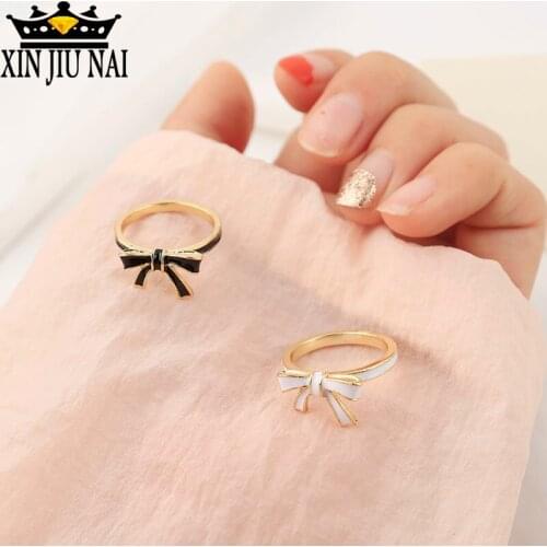 Exquisite Enamel Bowknot Princess Black porcelain Rings Anel for Women Ladies Simple Wedding Rings French girl Promise Jewelry