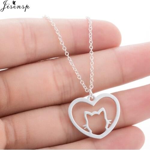 Jisensp New Minimalist Love Heart Necklaces Pendants Women Charm Jewelry Cute Hollow out Cat Necklace Pet Lover Gift collier