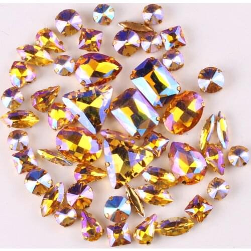 Gold claw setting 50pcs/bag 11 shapes mix Topaz AB glass crystal sew on rhinestone Crystals wedding dress shoes bags diy