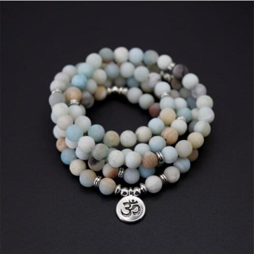 Hot 8mm Frosted Amazonite Natural Stone 108 Mala OM Bracelet For Women Lotus Buddha Charm Meditation Bracelet With Mala Bag Gift