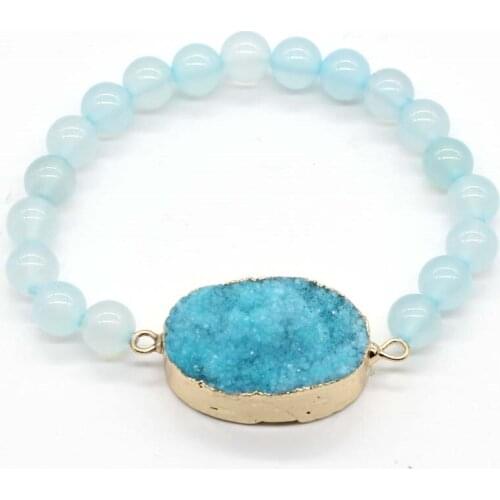 Trendy-beads Gold Color Irregular Shape Oval Crystal Dyed Blue Connect Light Blue Quartz Stretchy Bracelet