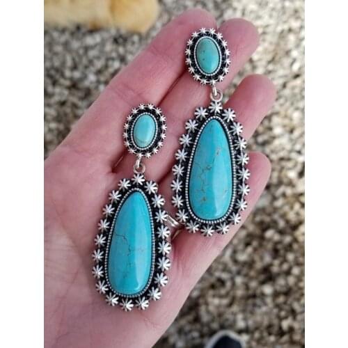 Wholesale New Product Antique Silver Plated Turquoise Earrings European and American Creative Drop-shaped Exaggerated Earrings