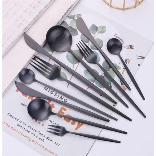 Main Course Dessert Spoon Black Stainless Steel Cutlery Set Kitchen Complete Tableware Set Chopsticks Dinnerware Set Silverware