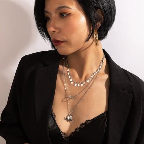 Tocona Bohemian Elephant Pendant Necklace for Women Charms Silver Color Wafer Tassel Multi-layer Geometry Jewelry Gift 17593