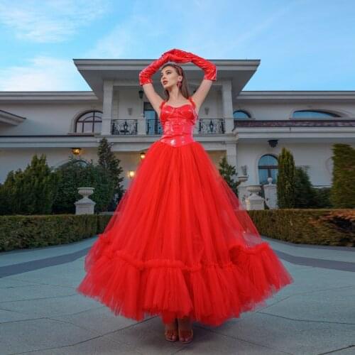 Fluffy Spaghetti Evening Dresses For Weddings Vestido De Festa Tulle Lush Red Evening Dress Long Ball Gown Pleat robe de soiree