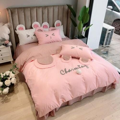 Pink Kids Girls 4pcs Twin Queen King size Bedding Set Cotton Bedsheet Duvet Cover Fitted sheet Bed set