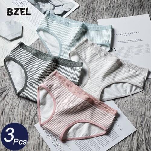 BZEL 3Pcs/lot Sexy Womens Cute Cotton Panties Underwear Seamless striped Briefs Mid Waist Soft Comfort Breathable Lady Lingerie