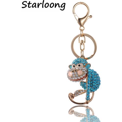 High Quality Drip Alloy Keychain Chaveiro drop oil Glaze naughty monkey rhinestone crystal beads KeyChain stainless Key Ring