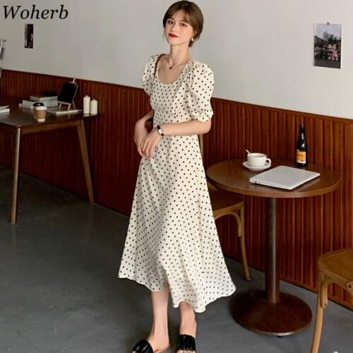 Woherb Korean Vintage Women Long Dress Puff Sleeve V-neck Polka Dot A-line Dresses Elegant Fashion Ladies Vestidos Femme