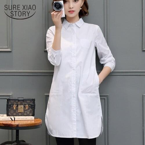 New Shirt Spring 2021 Women Long White Cotton Shirts Pockets Shirt Women Plus Size Button Solid Blouses Korean Feminine Tops